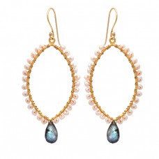 Labradorite Pearl Gemstone 925 Sterling Silver Gold Plated Dangle Earrings
