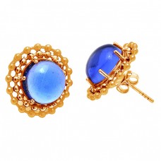Cabochon Round Shape Tanzanite Gemstone 925 Silver Gold Plated Stud Earrings
