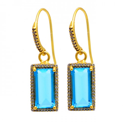 Blue Quartz Cz Gemstone 925 Sterling Silver Gold Plated Dangle Earrings