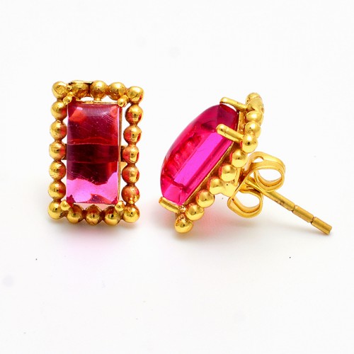 Rectangle Shape Pink Quatz Gemstone 925 Sterling Silver Gold Plated Stud Earrings