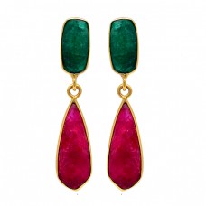 Emerald Ruby Gemstone 925 Sterling Silver Gold Plated Stud Dangle Earrings