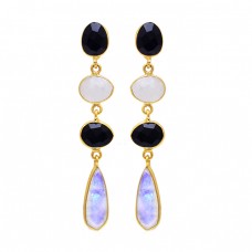 Black Onyx Rainbow Moonstone 925 Sterling Silver Gold Plated Stud Earrings