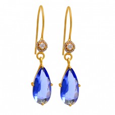 Pear Round Shape Tanzanite Quartz Cz Gemstone 925 Silver Gold Plated Earrings