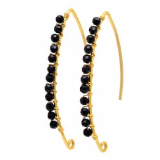 Round Shape Black Onyx Gemstone 925 Sterling Silver Gold Plated Hoop Earrings