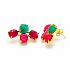 925 Sterling Silver Ruby Emerald Gemtone Gold Plated Prong Setting Stud Earrings