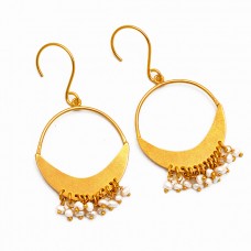 Pearl Roundel Beads Gemstone Handmade 925 Sterling Silver Gold Plated Dangle Earrings : Price $16.50