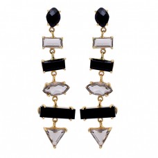 Smoky Quartz Black Onyx Gemstone 925 Sterling Silver Gold Plated Stud Earrings