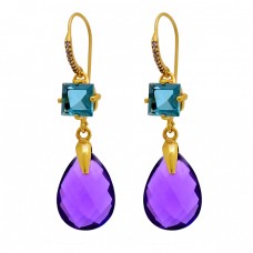 Blue Topaz Amethyst Gemstone 925 Sterling Silver Gold Plated Dangle Earrings