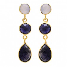 Sapphire Moonstone 925 Sterling Silver Gold Plated Stud Dangle Earrings