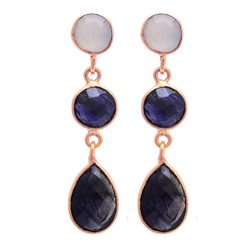 Sapphire Moonstone 925 Sterling Silver Gold Plated Stud Dangle Earrings