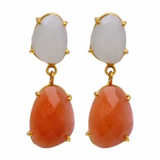 Rainbow Moonstone Carnelian 925 Sterling Silver Gold Plated Stud Earrings