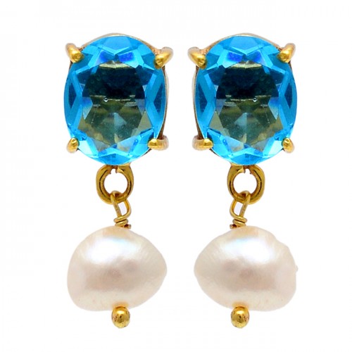 Blue Topaz Pearl Gemstone 925 Sterling Silver Gold Plated Stud Dangle Earrings