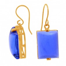 Rectangle Shape Blue Quartz Gemstone 925 Sterling Silver Dangle Earrings