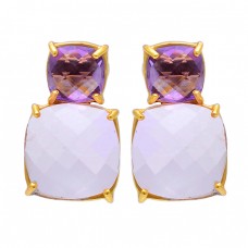 Amethyst Rainbow Moonstone 925 Sterling Silver Gold Plated Stud Earrings