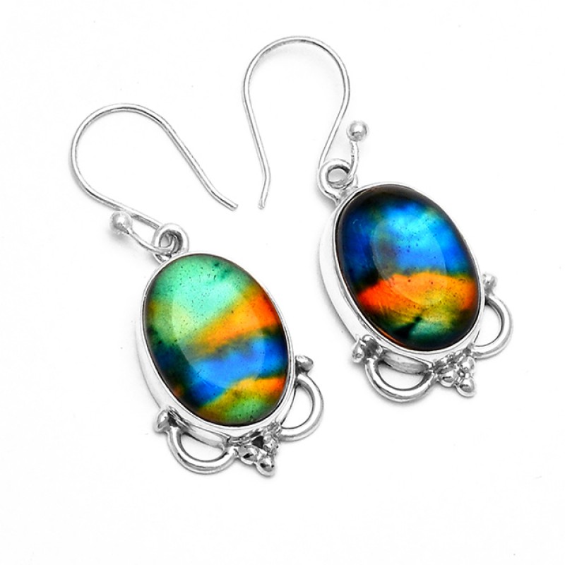 Oval Cabochon Dichroic Glass Gemstone 925 Sterling Silver Handmade Earrings 