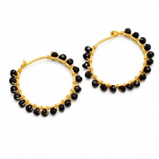 Faceted Roundel Beads Black Onyx Gemstone 925 Sterling Silver Gold Plated Hoop Earrings 