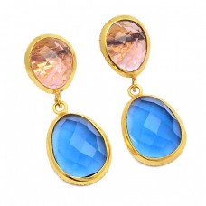 Citrine Blue Chalcedony Gemstone 925 Sterling Silver Gold Plated Stud Earrings