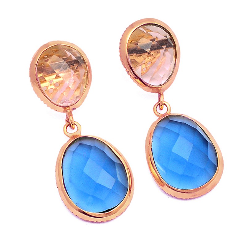 Citrine Blue Chalcedony Gemstone 925 Sterling Silver Gold Plated Stud Earrings