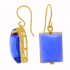 925 Sterling Silver Rectangle Shape Blue Quartz Gemstone Gold Plated Earrings