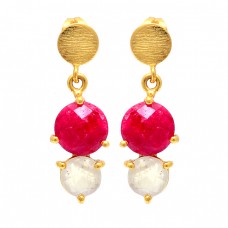 Ruby Rainbow Moonstone 925 Sterling Silver Gold Plated Stud Dangle Earrings