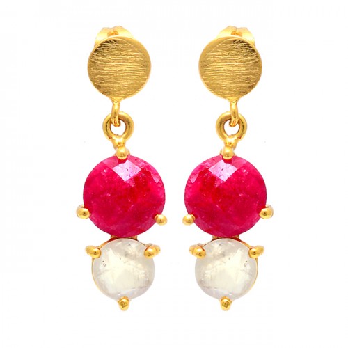 Ruby Rainbow Moonstone 925 Sterling Silver Gold Plated Stud Dangle Earrings