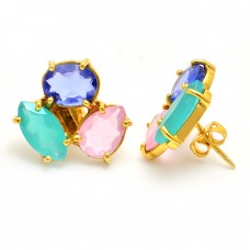 925 Sterling Silver Blue Quatz Chalcedony Gemstone Gold Plated Stud Earrings