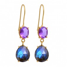 Amethyst Labradorite Gemstone 925 Sterling Silver Gold Plated Earrings