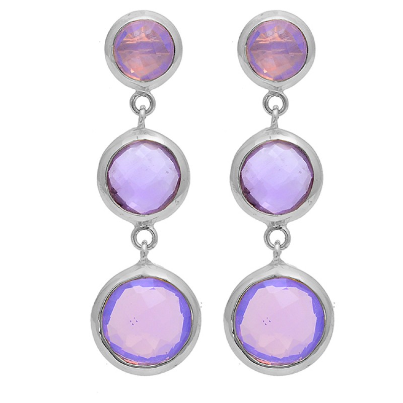Round Shape Moonstone 925 Sterling Silver Gold Plated Stud Dangle Earrings