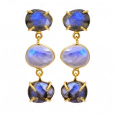 Labradorite Rainbow Moonstone 925 Sterling Silver Gold Plated Stud Earrings