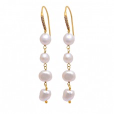 Round Shape Pearl Gemstone 925 Sterling Silver Gold Plated Dangle Earrings