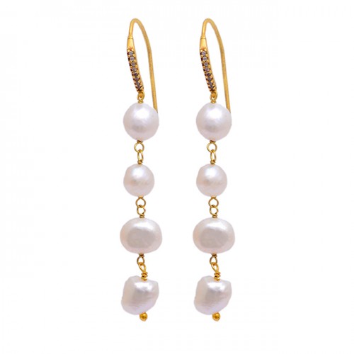 Round Shape Pearl Gemstone 925 Sterling Silver Gold Plated Dangle Earrings