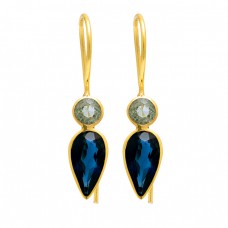 Green Amethyst Blue Quartz Gemstone 925 Sterling Silver Gold Plated Earrings