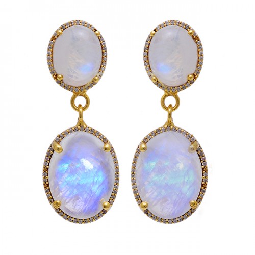 Oval Shape Rainbow Moonstone 925 Sterling Silver Gold Plated Stud Earrings