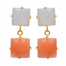 Aqua Chalcedony Carnelian Gemstone 925 Sterling Silver Gold Plated Earrings