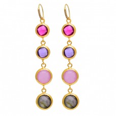 Round Shape Gemstone 925 Sterling Silver Gold Plated Dangle Earrings