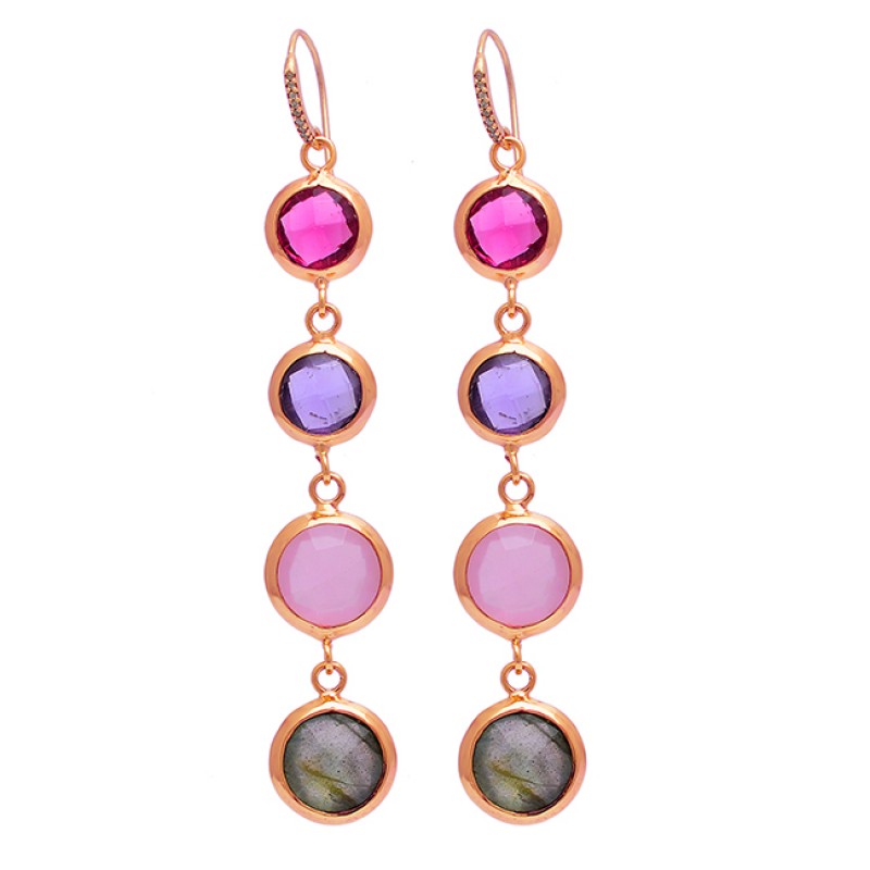 Round Shape Gemstone 925 Sterling Silver Gold Plated Dangle Earrings