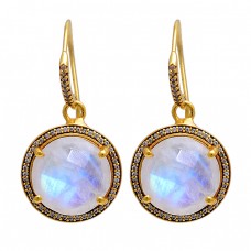 925 Sterling Silver Round Shape Moonstone Gold Plated Dangle Earrings