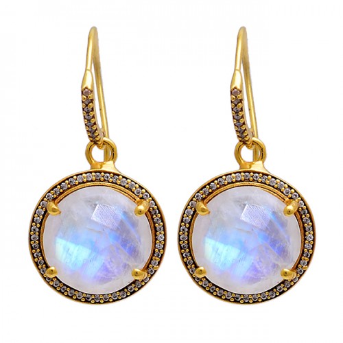 925 Sterling Silver Round Shape Moonstone Gold Plated Dangle Earrings