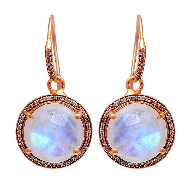 925 Sterling Silver Round Shape Moonstone Gold Plated Dangle Earrings
