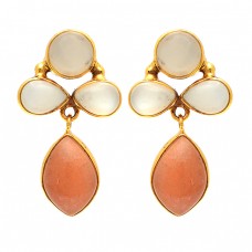 Pear Round Marquise Shape Moonstone 925 Sterling Silver Gold Plated Earrings
