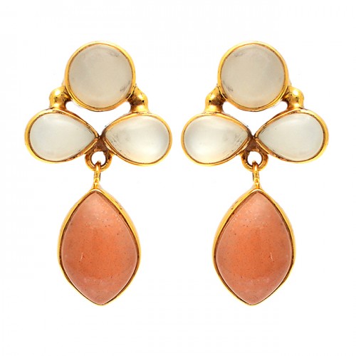Pear Round Marquise Shape Moonstone 925 Sterling Silver Gold Plated Earrings