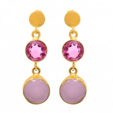 Round Shape Quartz Chalcedony Gemstone 925 Silver Gold Plated Stud Earrings