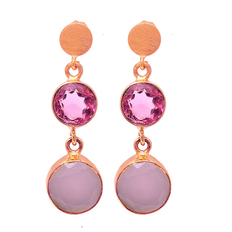Round Shape Quartz Chalcedony Gemstone 925 Silver Gold Plated Stud Earrings