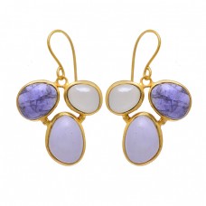 Blue Quartz Moonstone 925 Sterling Silver Gold Plated Dangle Earrings