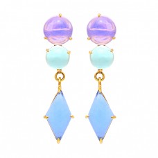 Round Marquise Shape Moonstone 925 Sterling Silver Gold Plated Earrings
