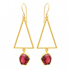 925 Sterling Silver Garnet Rough Gemstone Gold Plated Dangle Earrings