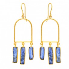 Blue Kyanite Gemstone 925 Sterling Silver Gold Plated Dangle Earrings