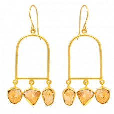 Citrine Rough Gemstone 925 Sterling Silver Gold Plated Dangle Earrings