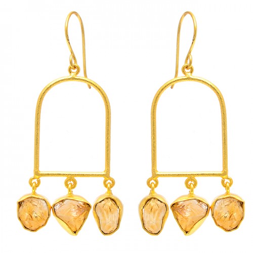 Citrine Rough Gemstone 925 Sterling Silver Gold Plated Dangle Earrings