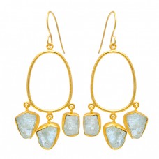 Aquamarine Rough Gemstone 925 Sterling Silver Gold Plated Dangle Earrings